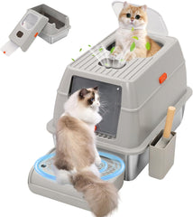 Bac à Litière pour Chat en Acier Inoxydable,Bac à Litière Fermé pour Chat avec Pelle et Pédale,Litière Haute en avec Couvercle,Caisse Litiere pour Chats avec Double Entrée Plateau Amovible