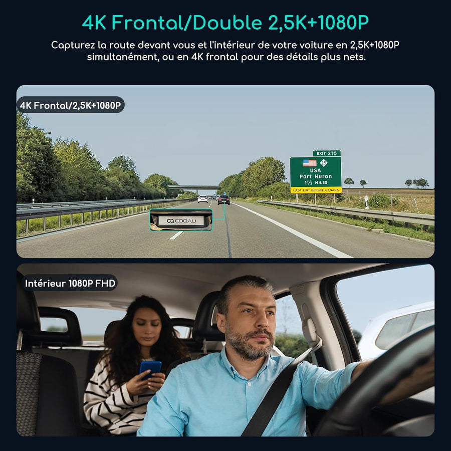 Dashcam 4K Voiture avec GPS, Wi-FI, Dashcam Voiture Avant Intérieur 2,5K 1080P, Vision Nocturne Infrarouge, supercondensateur, accéléromètre, Mode stationnement, Enregistrement en Boucle