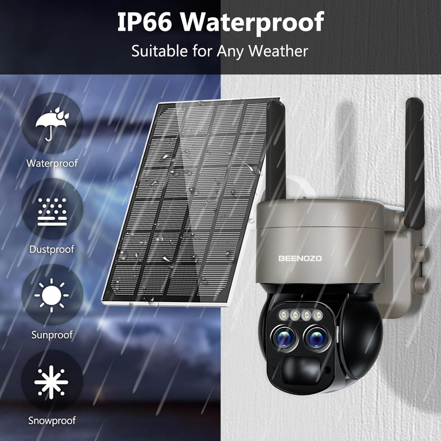 Caméra Surveillance Solaire 6MP WiFi Extérieure Double Objectif 360° PTZ Caméra IP, Détection Humaine avec Panneau Solaire, Vision Nocturne Couleur, Suivi Automatique, Audio Bidirectionnel,IP66