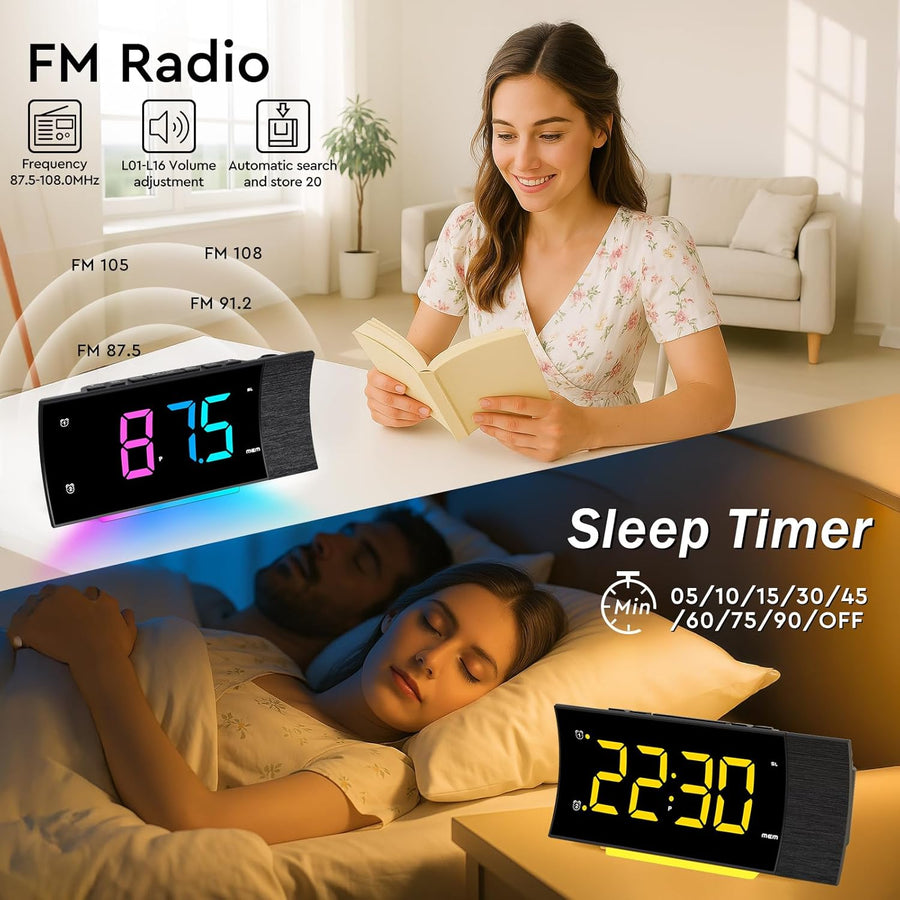 Radio Reveil Projecteur Plafond 180° FM Numérique, Grand Écran LED, Chargeur USB, Double Alarme, 12/24H, Snooze, Horloge Projection Plafond