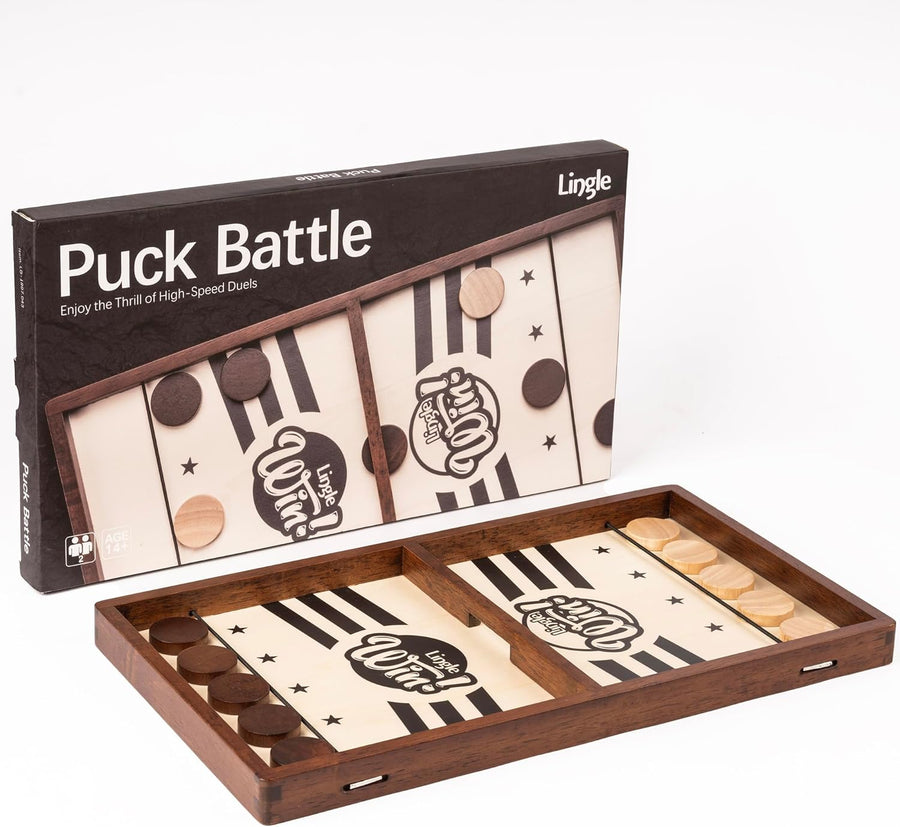 Sling Puck Jeu - Jeu de Plateau en Bois Massif de 16,5 Pouces, Bataille Luxueuse de Sling Puck pour des Nuits en Famille ou des Fêtes Entre Amis, de Bureau Classique et Compétitif