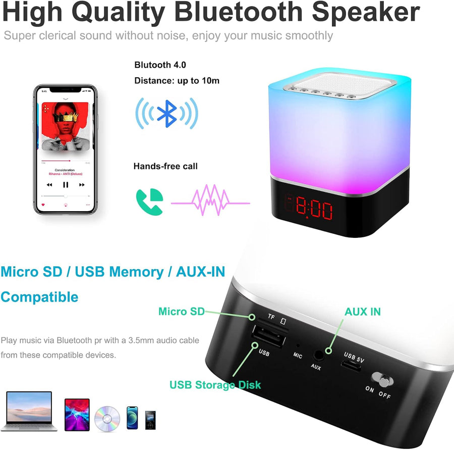 Reveil Lumineux Enceinte Bluetooth Portable, Lampe de Chevet à Bruit Blanc Bebe, Veilleuse Multicolore Contrôle Tactile Réveil Numérique
