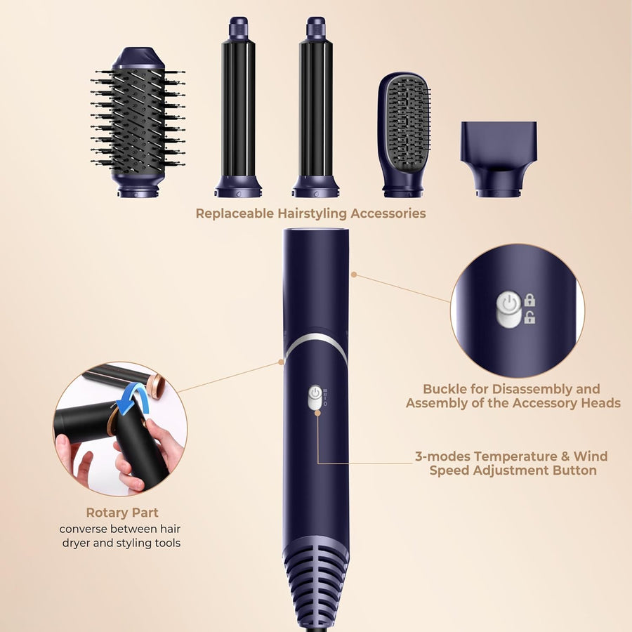 Air Brush Styler 5en1 Brosse Soufflante Chauffante Brushing Sèche-Cheveux Ionique Boucleur a Cheveux à Air Brosse à Lissante Embout de Sèche-cheveux Ensemble de Coiffure VIOLET