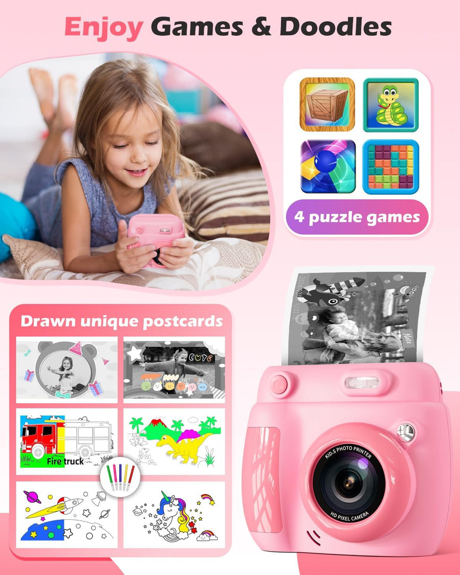 Appareil Photo Instantané Enfant – Cadeau Noël & Anniversaire pour Garçons Filles 3-10 Ans, Jouet Éducatif avec Vidéo 1080P, 20MP, 3 Rouleaux Papier & Carte Mémoire 32GB