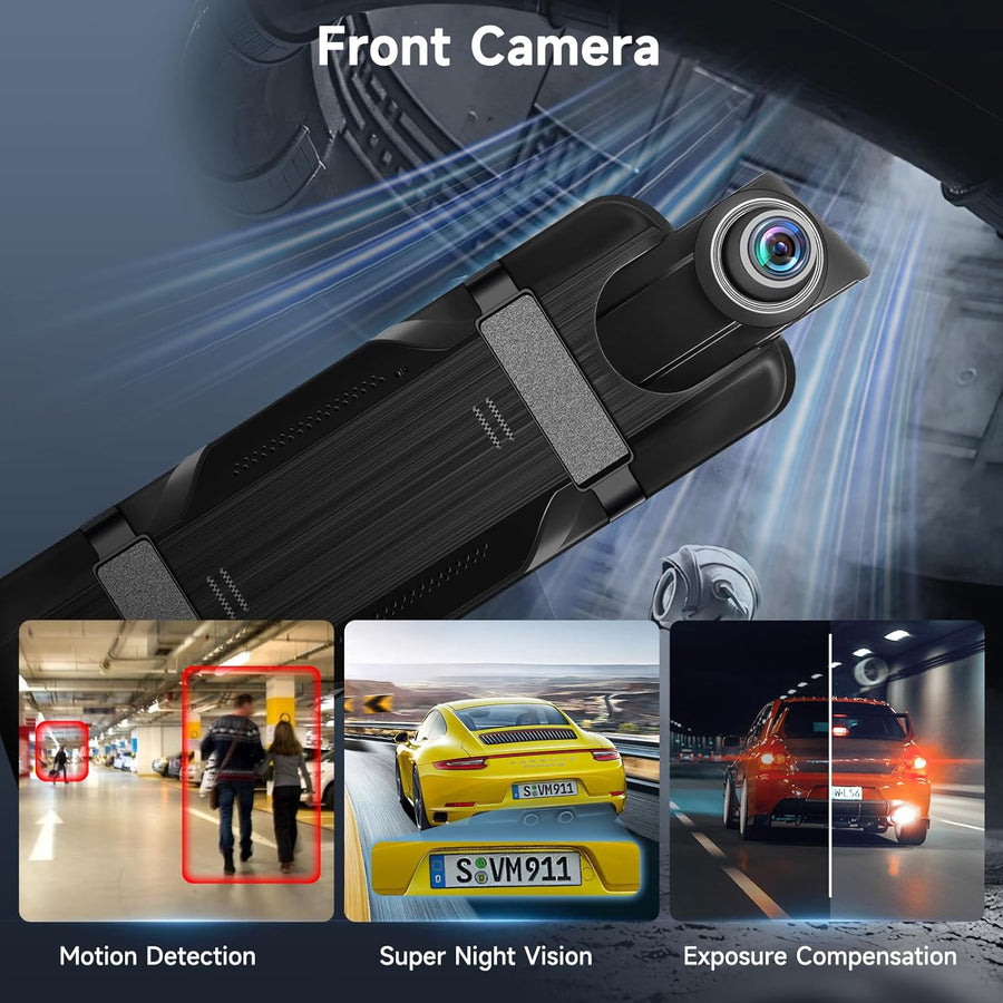Dashcam Rétroviseur 9.66" 1080P avec 150° Grand Angle, G-Capteur, Enregistrement Boucle, Vision Nocturne, Moniteur Stationnement, Arrière Étanche, avec Carte 64 Go