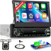 Autoradio Carplay Android Auto sans Fil avec écran rétractable électriquement de 7 Pouces,Radio FM 1 DIN avec Bluetooth, Mirror Link,2 USB/Type-C/SD avec caméra de recul/Commande au Volant
