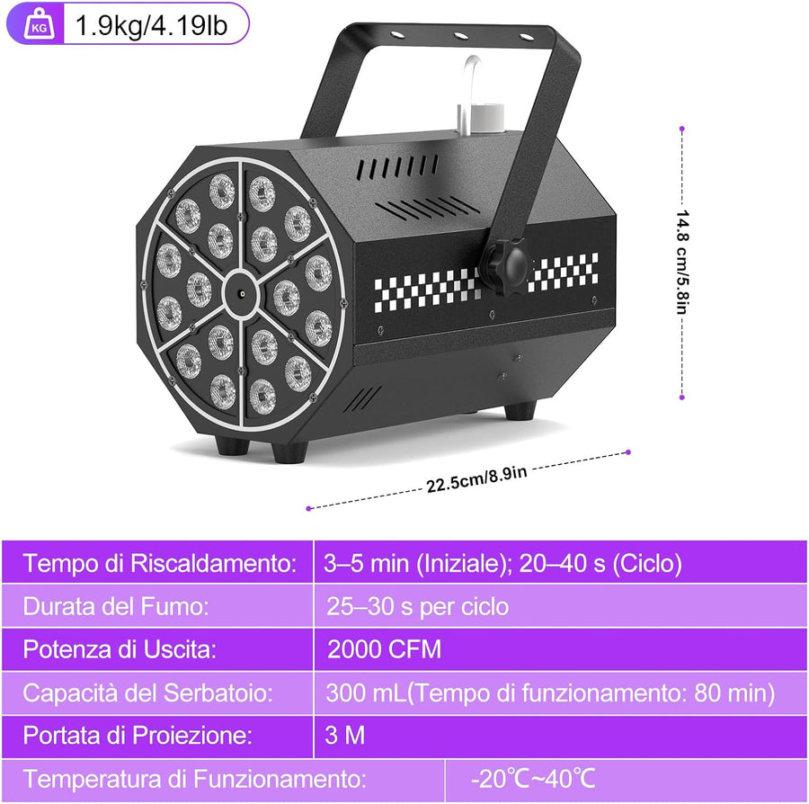 Machine à Brouillard Mini,Machine à Fumée 18 LED RGB,Machine de Fumée 800W avec Fonction de Cycle Automatique et Télécommande sans Fil, Idéal pour Disco, Fêtes, Mariage, Halloween et Noël