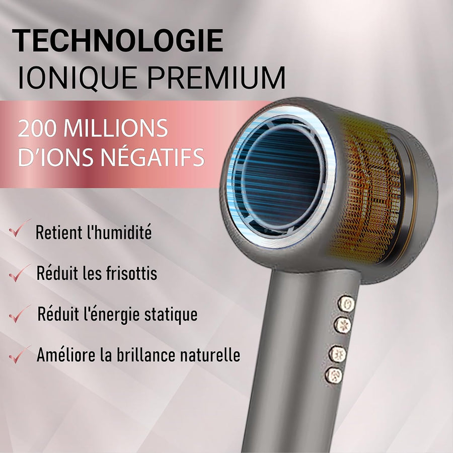 Sèche-cheveux ionique compact et puissant avec diffuseur pour boucles, air froid, brushing et coiffure professionnelle - Silencieux, léger, multifonction Accessoires inclus BLEU