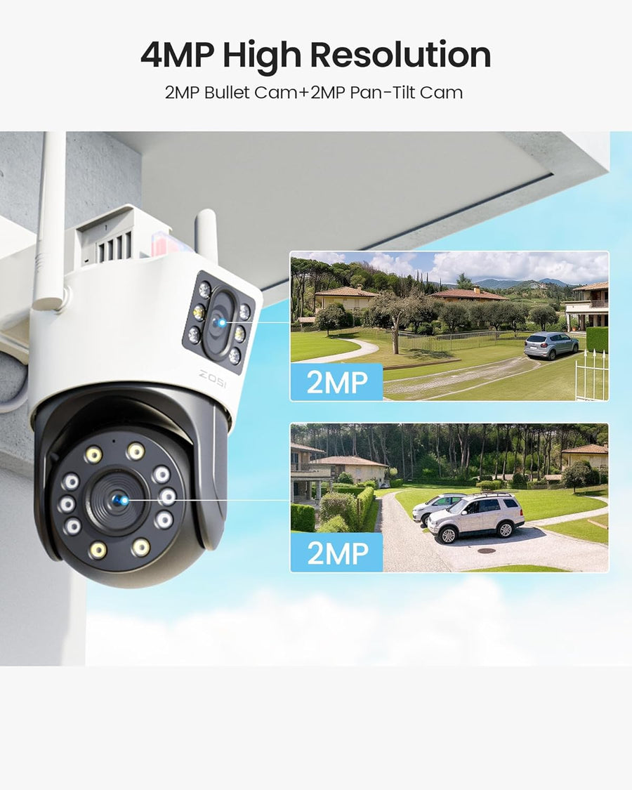 Caméra Surveillance WiFi avec Double Objectif 2MP+2MP, Caméra Motorisée Extérieure, 360° Vue Détection Humaine/Véhicule, Audio Bidirectionnel, Sirène Alarme, Vision Nocturne en Couleur
