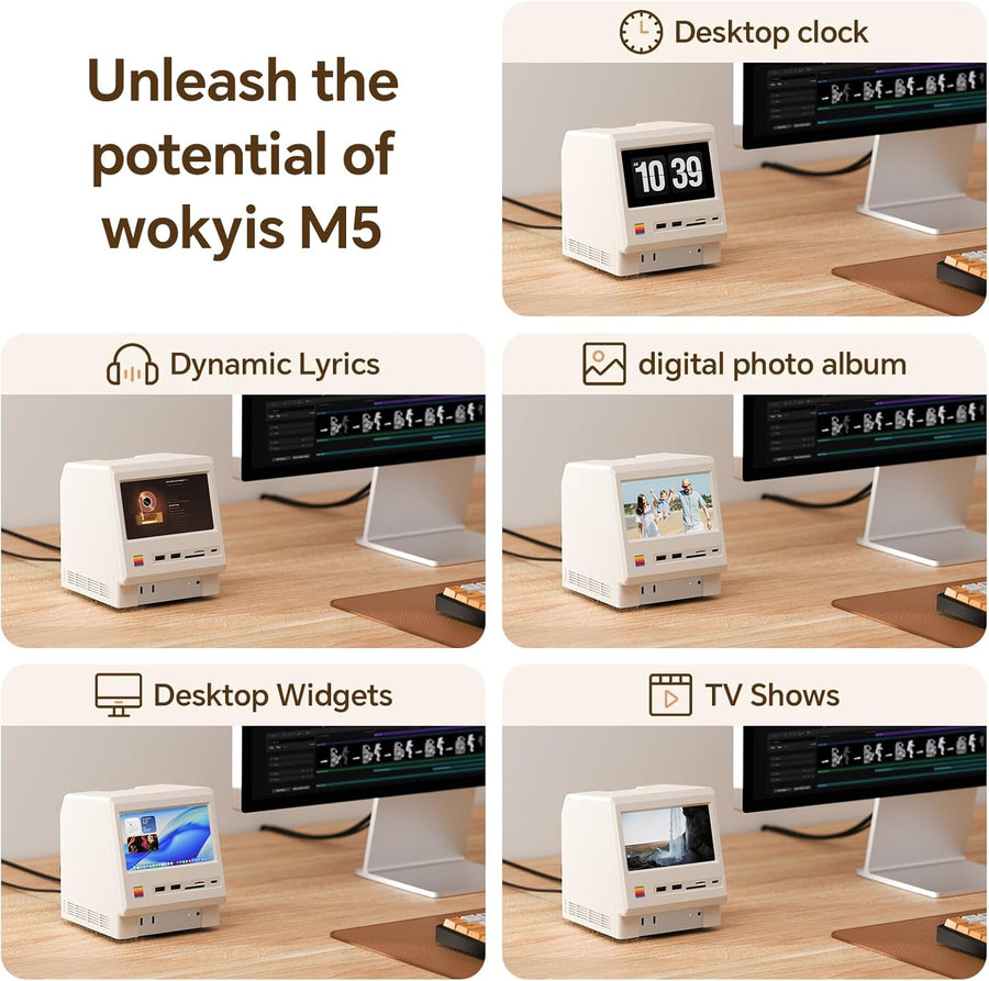 Station d'accueil rétro pour Mac Mini M4, écran HD 5", boîtier SSD M.2 NVMe 10 Gbps, Lecteur de Carte SD/Micro SD 4.0, 4 Ports USB-A, 1 Port USB-C (10 Gbps), Prise Casque 3,5 mm