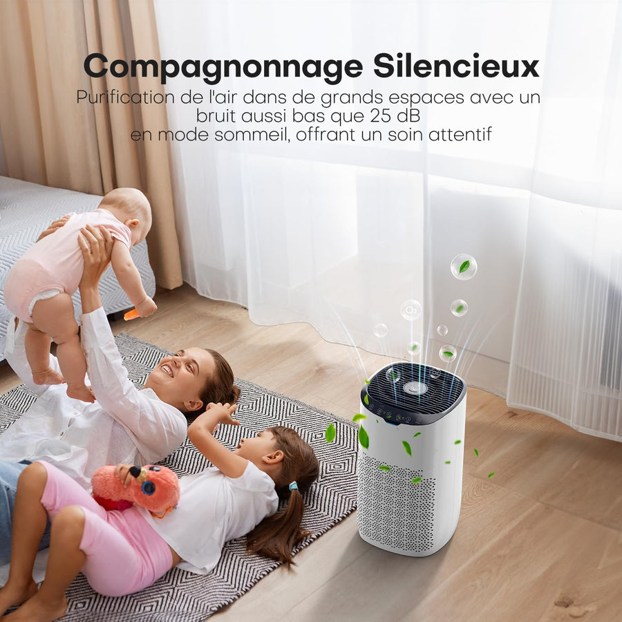 Purificateur d'air, CADR 300 m³/h, Pour des pièces de 80-120㎡, Application Contrôle, Commande Vocale, Indicateur de Qualité de l'Air et Auto Mode, Protège Contre le Pollen, la Poussière