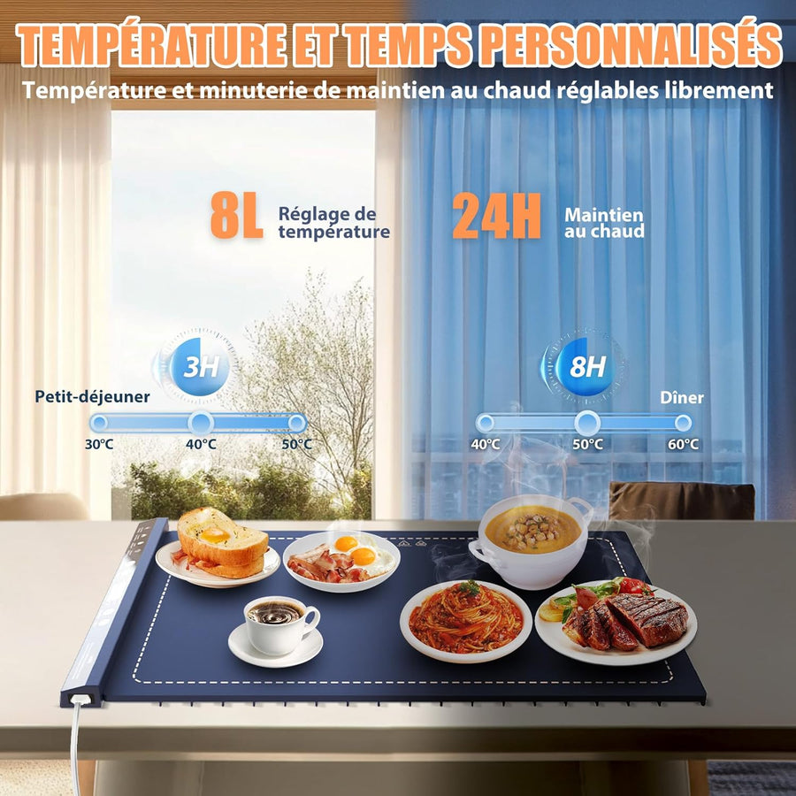 Tapis Chauffant Alimentaire 57x39 cm – Plateau Chauffant en Silicone avec 8 Niveaux de Température, Minuterie, Pliable pour Buffet, Fête, Pique-nique, Camping