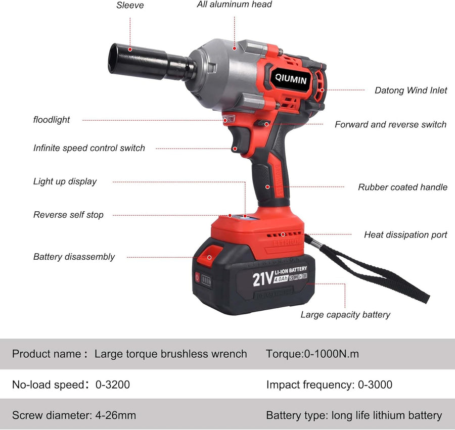 Visseuse à percussion sans fil 1000 Nm 21 V 1/2", avec 2 batteries de 4,0 Ah, chargeur rapide et 5 douilles (17/19/21/22/24 mm), pour voiture, atelier et bricolage