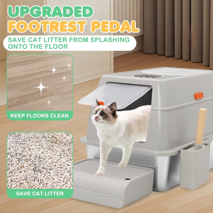 Bac à Litière pour Chat en Acier Inoxydable,Bac à Litière Fermé pour Chat avec Pelle et Pédale,Litière Haute en avec Couvercle,Caisse Litiere pour Chats avec Double Entrée Plateau Amovible