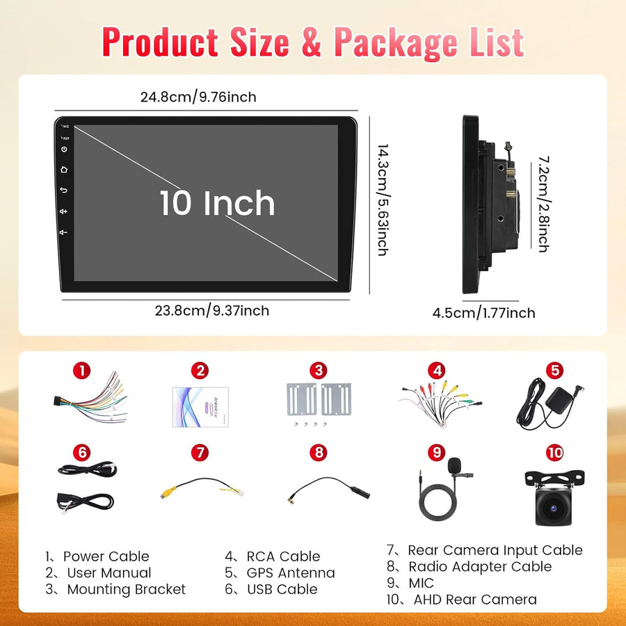 Autoradio 8Cores 4G+64G Android 15 2Din avec Carplay Android Auto sans Fil, Écran Tactile de 10" avec Modèle de Voiture 3D WiFi GPS BT FM/RDS DSP SWC Caméra de Recul MIC