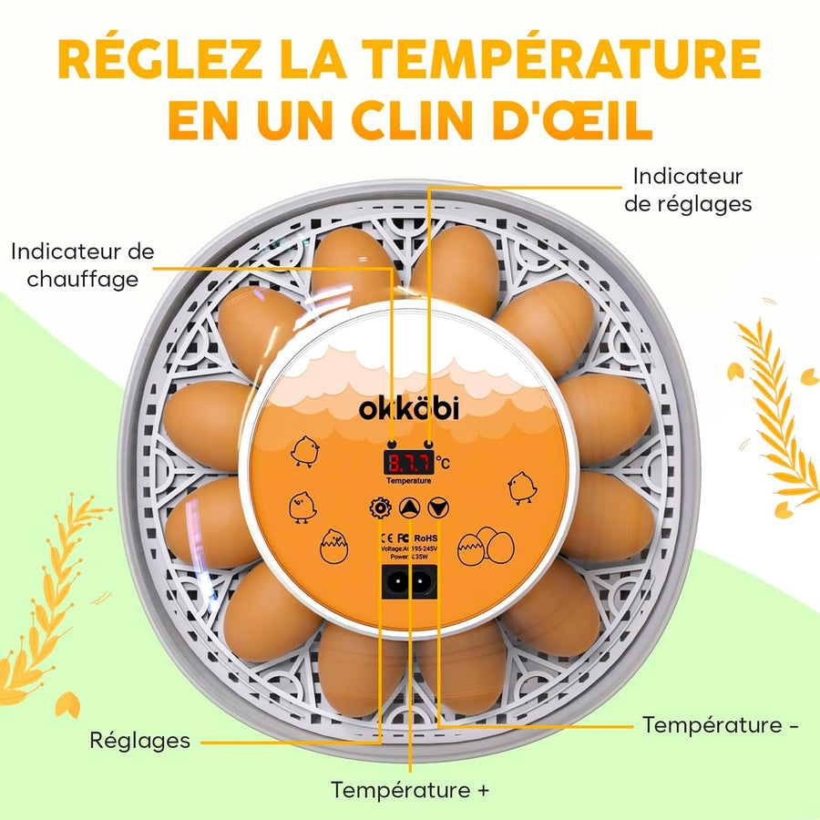 M12 Couveuse Oeuf Automatique - Contrôle Humidité, Réglage Température, Couveuse Automatique 12/24 œufs - Incubateur Auto - Vue 360°, facile à utiliser et nettoyer - Blanc et Orange
