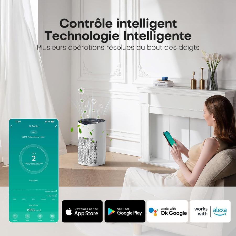 Purificateur d'air, CADR 300 m³/h, Pour des pièces de 80-120㎡, Application Contrôle, Commande Vocale, Indicateur de Qualité de l'Air et Auto Mode, Protège Contre le Pollen, la Poussière