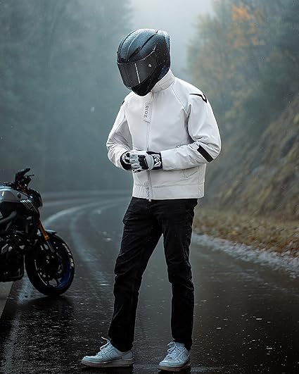 Blouson Moto Homme Taille L 4 Saisons – Veste Moto Textile Respirante et Coupe-Vent avec Protections CE aux Épaules et Coudes, Doublure Amovible, Confortable pour Route et Touring BLANC