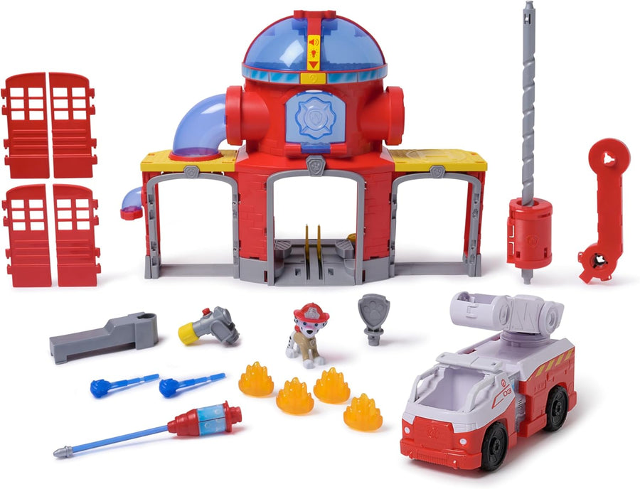 PAW Patrol - Pat Patrouille - Caserne De Pompiers Fire Rescue - Voiture Figurine Marcus À Collectionner - Effets Sonores Et Lumineux - Pat Patrouille Jouet - Voiture Enfant