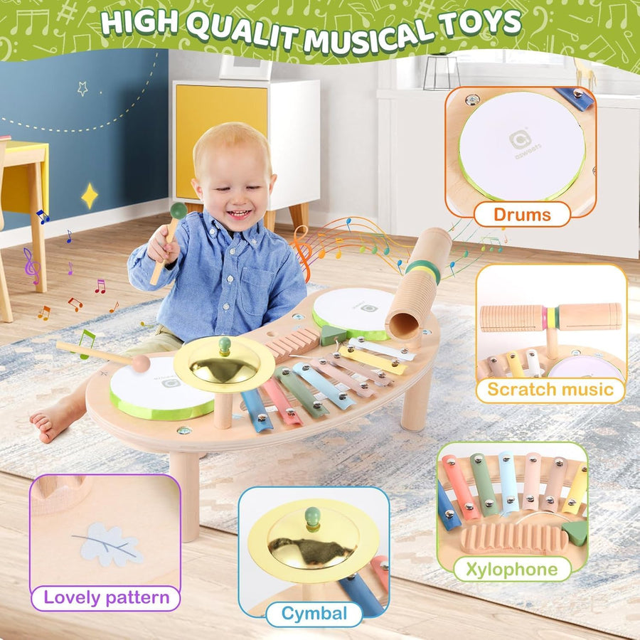Ensemble de Batterie 7en1 pour Tout-Petits, Bois Instrument de Musique pour Bébés, Jouet Musical Montessori, Cadeau pour Filles et Garçons de 3 Ans Et Plus