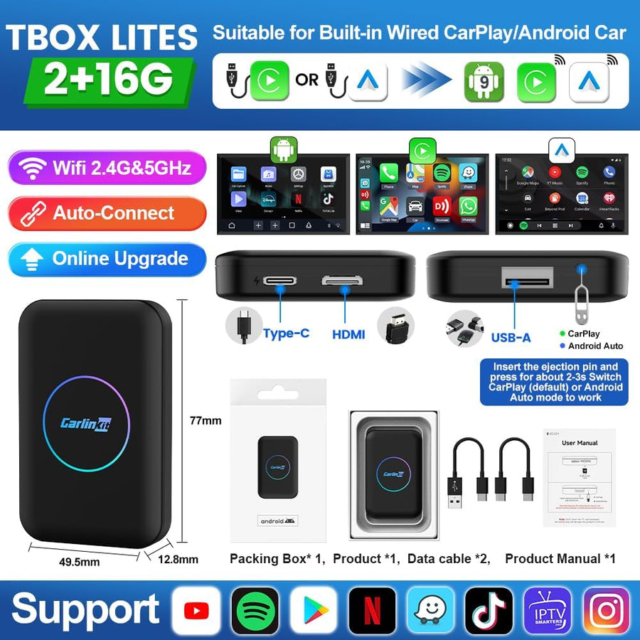 AIBOX-Lite Boîte multimédia 3 en 1 Système Android indépendant / CarPlay sans fil / Android Auto sans fil, convient pour les véhicules équipés de CarPlay filaire / Android Auto