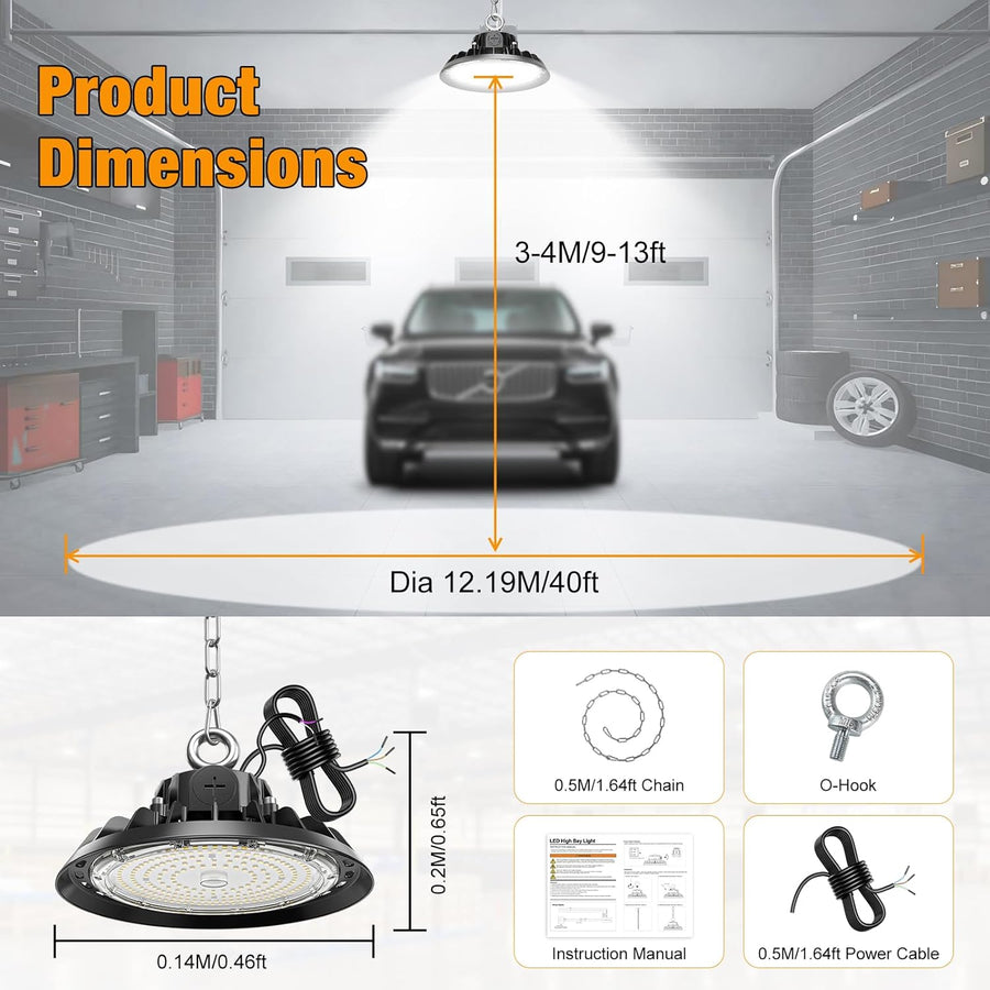 UFO 100W Éclairage LED Garage Projecteur 17000LM Réglable 60W/80W/100W LED High Bay Lampe IP65 Étanche Plafond 120° pour Garage Atelier Entrepôt