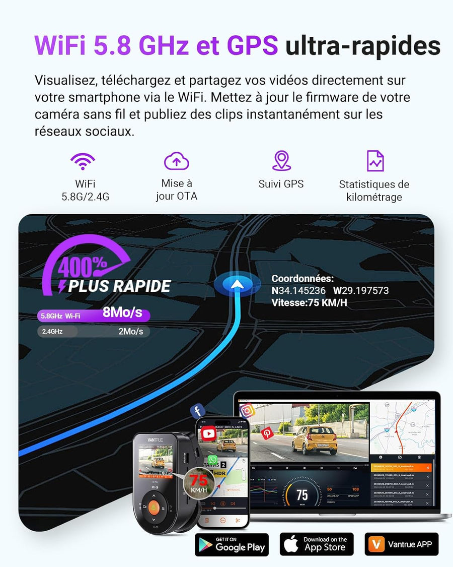 Dashcam Voiture S1 Pro Max 4K+4K Starvis 2 Avant et Arrière, Caméra embarquée 5G Wi-FI Dash Cam GPS 360° HDR Tampon Surveillance de stationnement,Contrôle Vocal Français,LTE en Option Max 1To