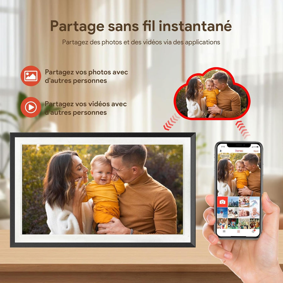 Cadre photo numérique WiFi de 15,6 pouces, cadre photo numérique intelligent, grande capacité de 32 Go, écran tactile HD IPS, rotation automatique, partagez des photos/vidéos instantanément