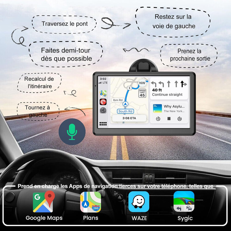 CarPlay Voiture, Portable CarPlay & Android Auto sans Fil, Stéréo de Voiture 7 Pouces Écran Tactile avec Navigation en Temps Réel, Assistant Vocal, FM, Mirror Link, Appels avec Mains Libres