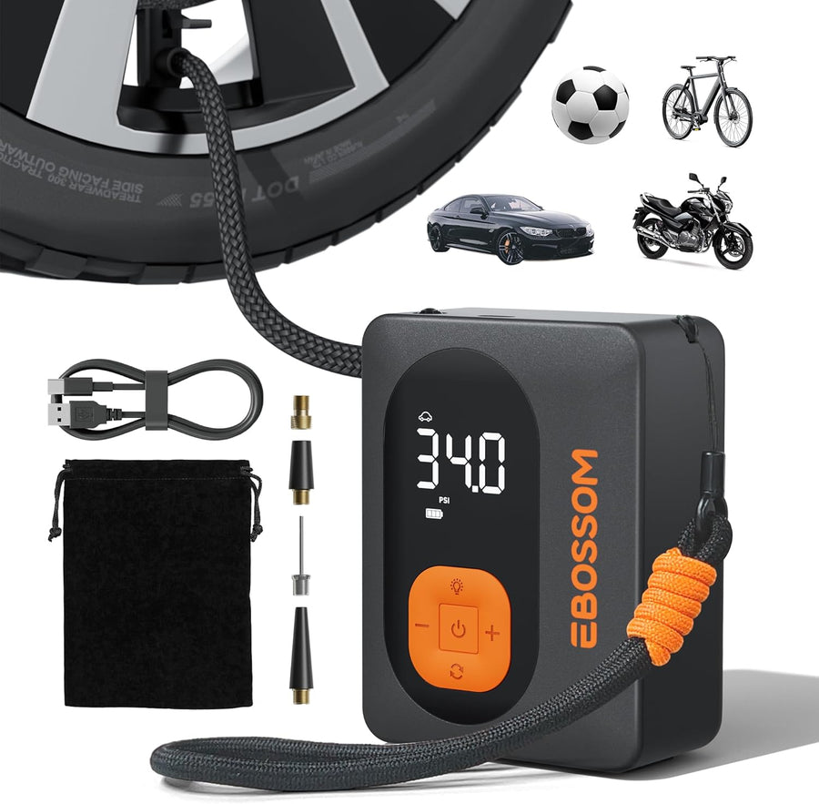 Gonfleur pneus Voiture, Compresseur à Air Portatif , Mini Compresseur Voiture Portable Electrique pompe a velo, Inflator Affichage Numérique et Lumière LED Vélos Motos Ballons Flexible de 15 cm
