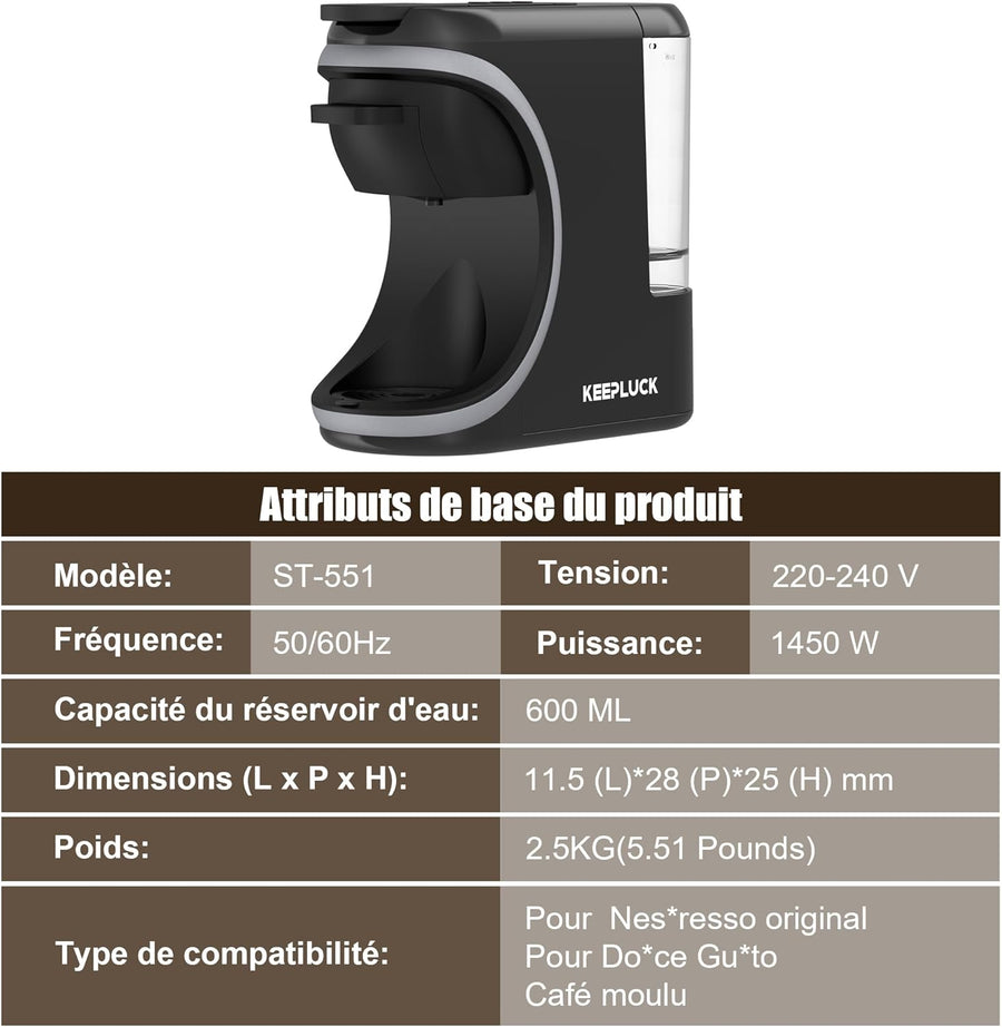 Machine à café 3 en 1, pour Nespresso Original/pour Dolce Gusto et le café moulu, réservoir d'eau d'une capacité de 600 ml