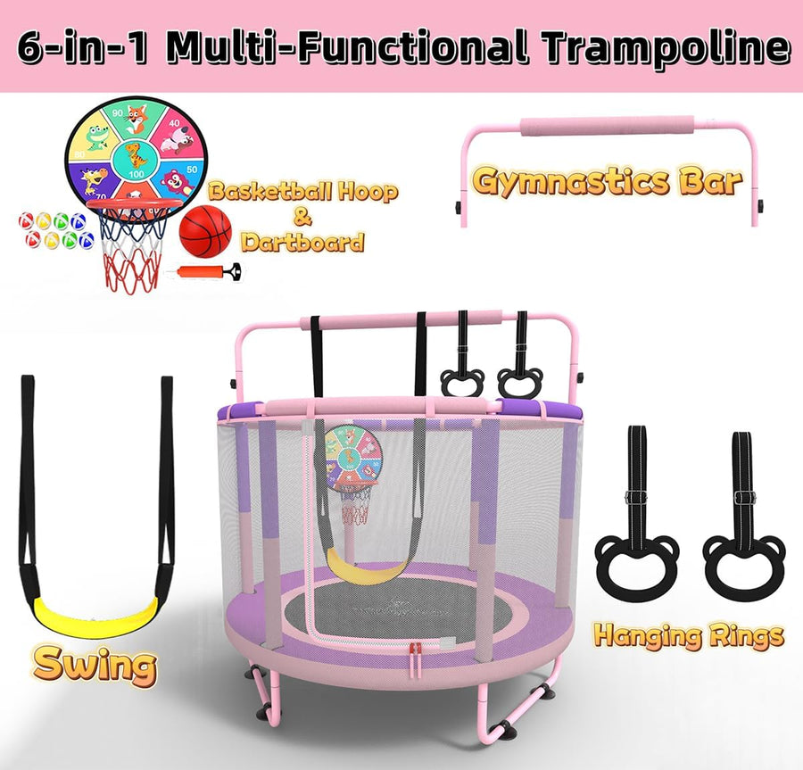 Trampoline pour enfant, pour l'extérieur, intérieur et extérieur, avec filet de sécurité, panier, barre, balançoire ROSE