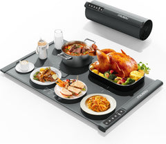 Plaque Chauffante pour Aliments, Tapis Chauffant Électrique Enroulable Extensible avec 7 Températures, Minuteur 99H, Affichage ℃/℉, Idéal Réchaud Buffet, Repas, Réceptions Garder au Chaud