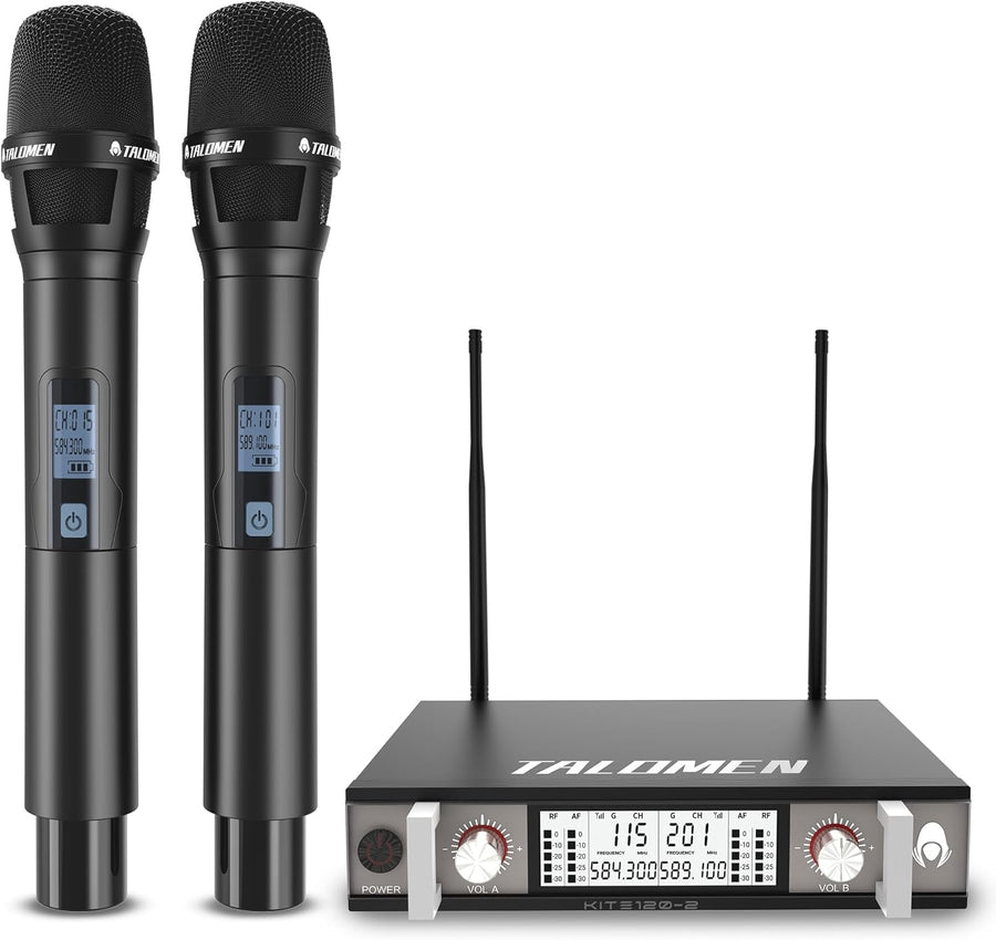 Micro sans Fil UHF, Set de 2 Microphones à Main Dynamiques en Métal, Auto Scan, Portée 120 m, Récepteur Double Canal, Idéal pour Chant, Karaoke, Fête, DJ, Église – K120 NOIR