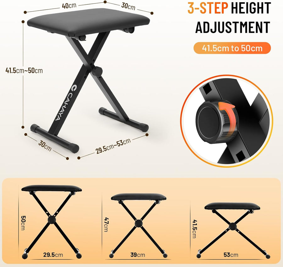 Support de clavier et banc de clavier - 6 niveaux réglables en hauteur - Double X-Frame - Pour clavier de 61, 76 et 88 touches - Charge maximale : 168 kg