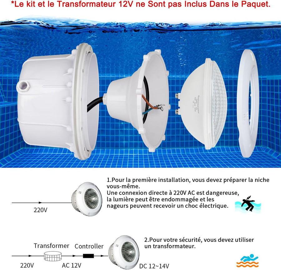 Eclairage LED Piscine PAR56, 36W Projecteur Piscine RGBW Multicolore Synchroniseur Externe avec Télécommande IP68, AC 12V