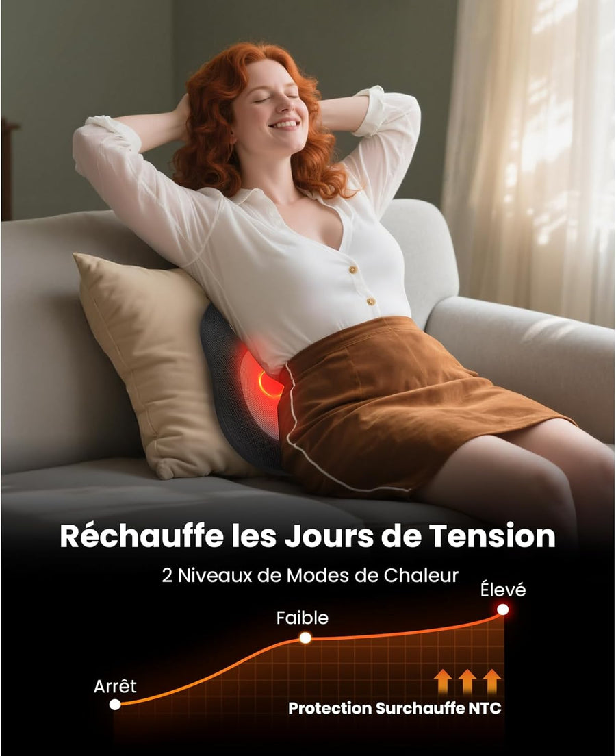 Masseur Dos et Cervicales avec Chaleur pour Soulagement Douleur, EZBack Go Massage Shiatsu 4D Tissus Profonds, Coussin Massant avec Poignée Bureau et Maison