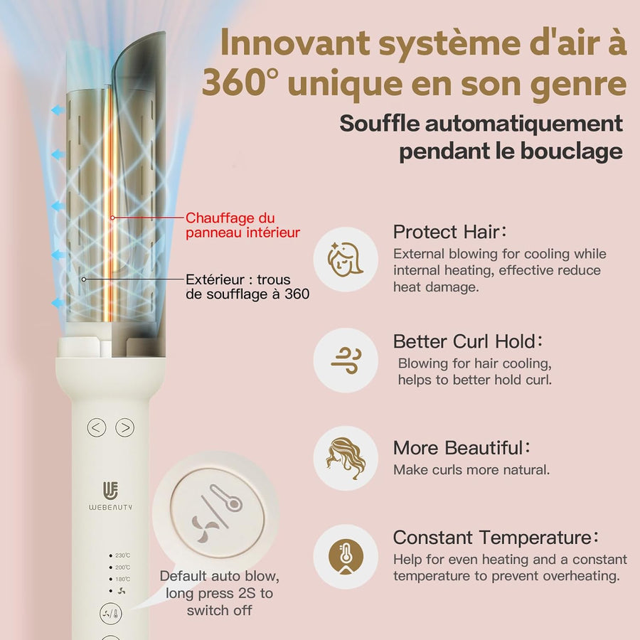 Fer à Boucler Boucleur Cheveux Automatique Ion Négatif Température Réglable 180°- 230°C BLANC