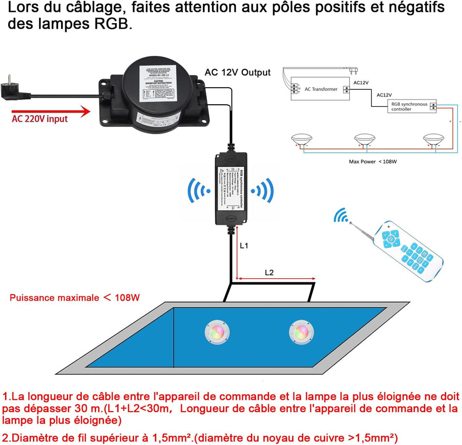 Eclairage LED Piscine PAR56, 36W Projecteur Piscine RGBW Multicolore Synchroniseur Externe avec Télécommande IP68, AC 12V