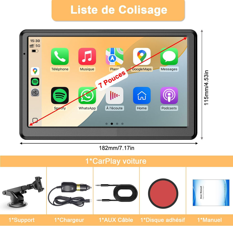 CarPlay Voiture, Portable CarPlay & Android Auto sans Fil, Stéréo de Voiture 7 Pouces Écran Tactile avec Navigation en Temps Réel, Assistant Vocal, FM, Mirror Link, Appels avec Mains Libres