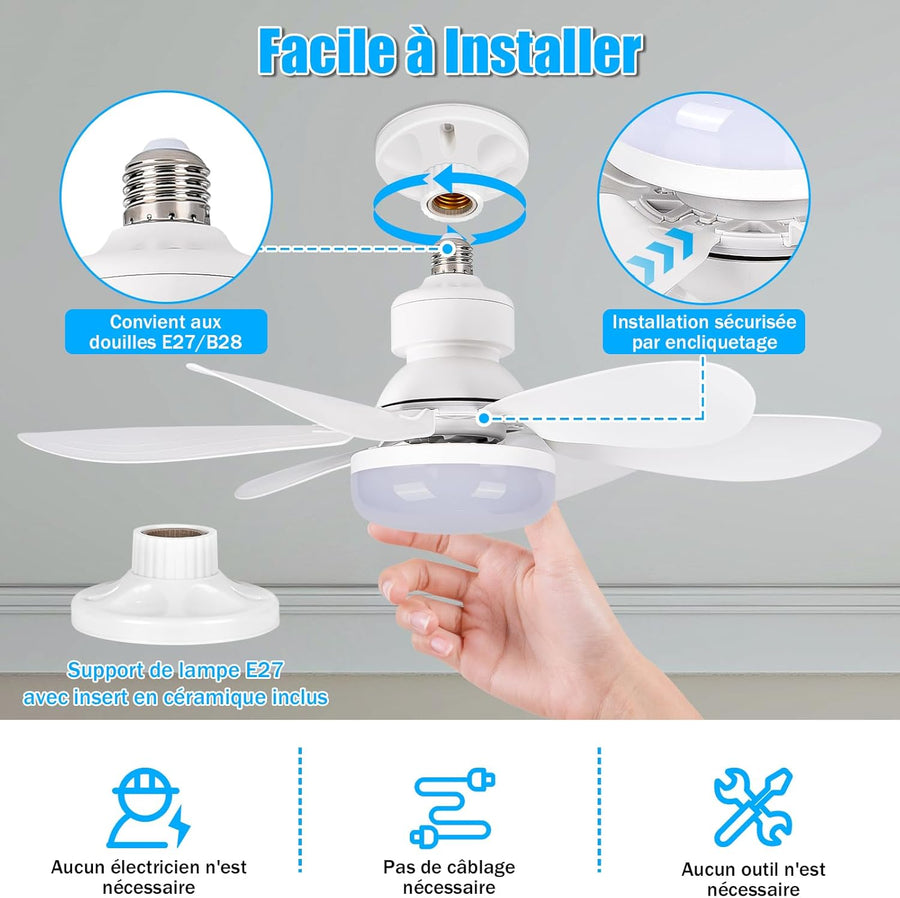 Ventilateur de Plafond avec Lumière et Telecommande, 40W Dimmable LED Douille E27, Lustre Ventilateur de Plafond, 6 Pales,3 Vitesses,Timing