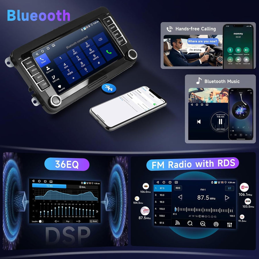 Autoradio 7" Bluetooth pour VW Golf 5 6 Polo Passat Skoda Touran Seat Carplay sans Fil Android Auto, WiFi GPS Navi HiFi RDS/Radio FM 2 DIN avec caméra de recul AHD/DVR/Canbus
