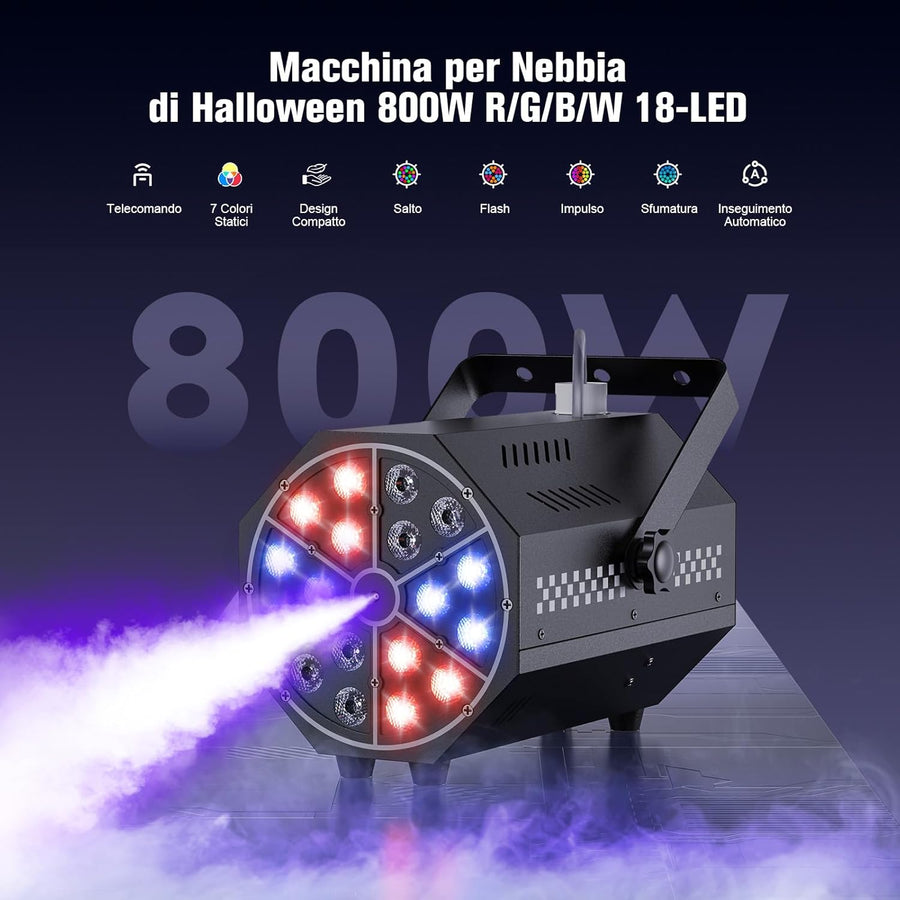 Machine à Brouillard Mini,Machine à Fumée 18 LED RGB,Machine de Fumée 800W avec Fonction de Cycle Automatique et Télécommande sans Fil, Idéal pour Disco, Fêtes, Mariage, Halloween et Noël