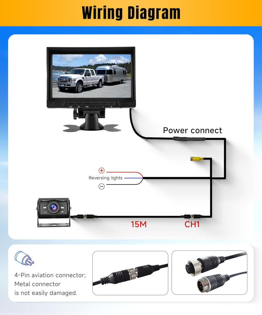 Caméra de recul 1080P avec écran IPS 7 Pouces,kit d'aide au stationnement,1024 x 600,IP69 AHD Vision Nocturne pour SUV, camionnette, Camping-Car, avec Pare-Soleil, câble de 15 m, 12-24 V