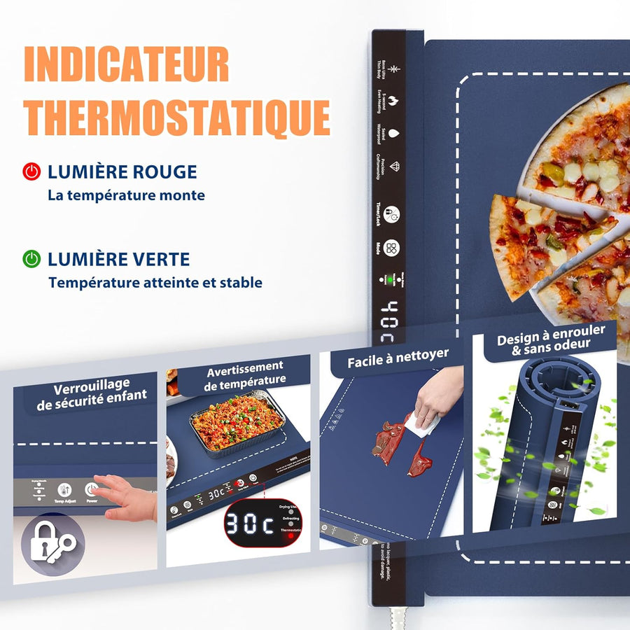 Tapis Chauffant Alimentaire 57x39 cm – Plateau Chauffant en Silicone avec 8 Niveaux de Température, Minuterie, Pliable pour Buffet, Fête, Pique-nique, Camping