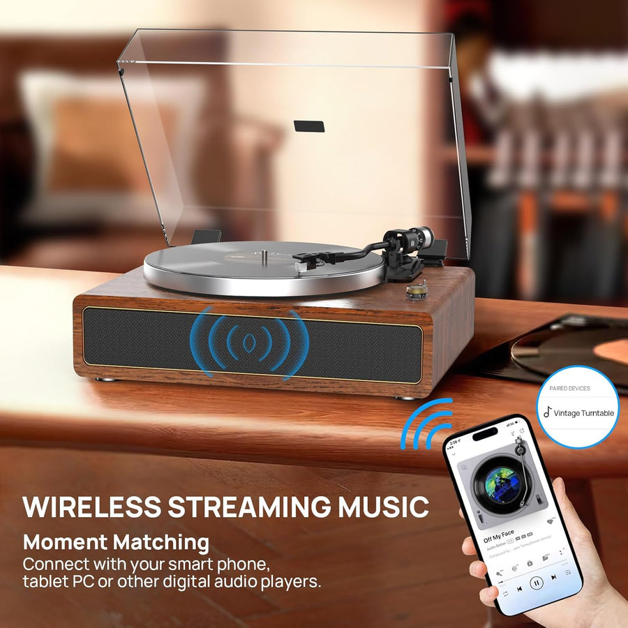 Tourne-disque Haut-parleurs intégrés vinyle tout-en-un prenant en charge la lecture Bluetooth, l'arrêt automatique, la vitesse de 33 et 45 tr/min, la sortie ligne RCA, entrée AUX