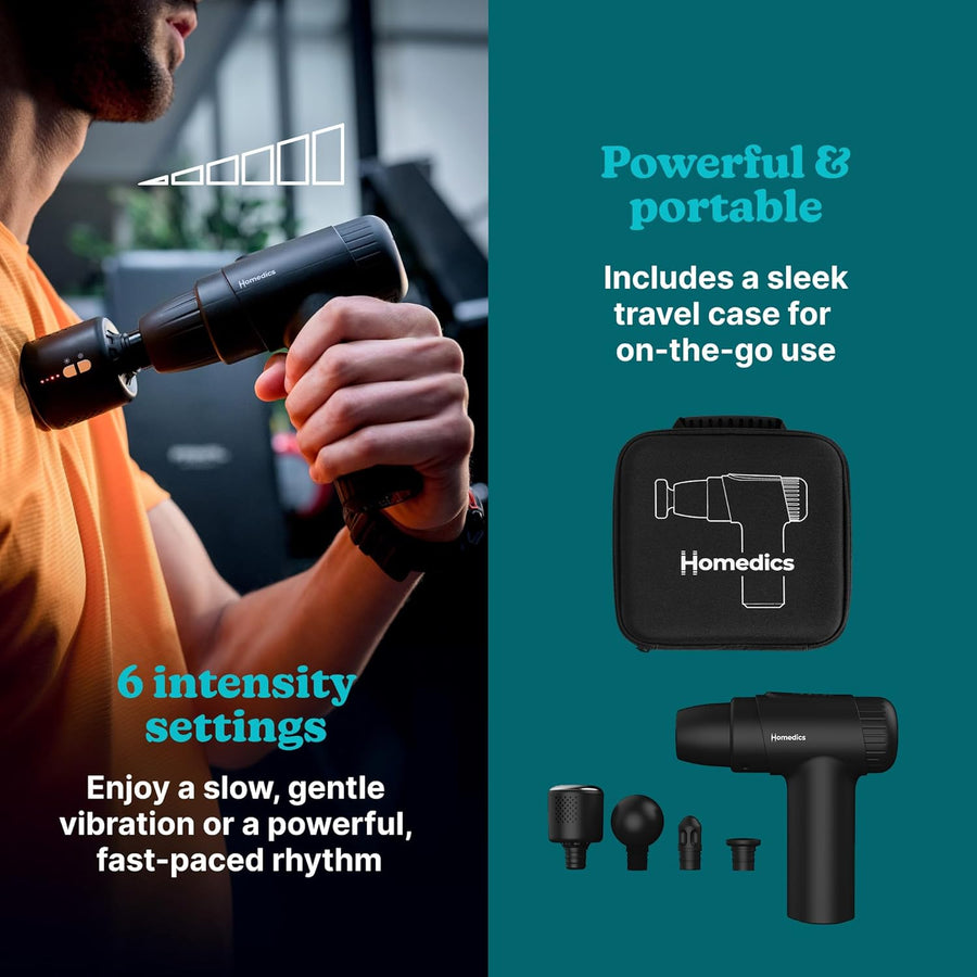 Homedics NOVO+ Hot & Cold Pistolet de massage chaud et froid - Masseurs électriques portatifs avec contrôle de la température, 4 accessoires et 6 intensités, Masseur rechargeable étui de voyage