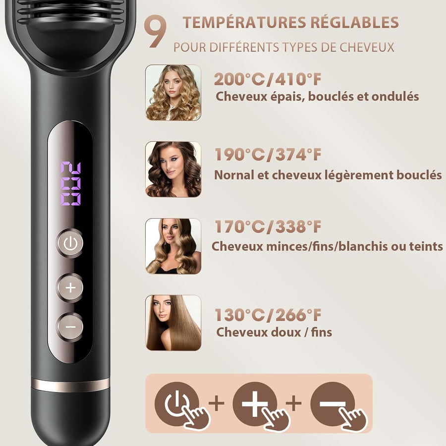Brosse Lissante Pour Cheveux Ionique Lisseur Cheveux, Peigne Chauffant Professionnel Peigne de fer à lisser avec 9 Réglages de Température et Écran LCD