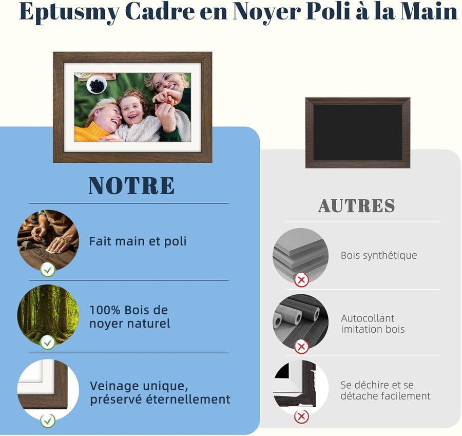 Cadre Photo Numérique WiFi 10.1 Pouces Noyer Bois Mémoire 32 Go, Écran Tactile HD IPS 1280 x 800, Auto-Rotation, Partage de Photos Vidéos Via Frameo APP/USB/SD