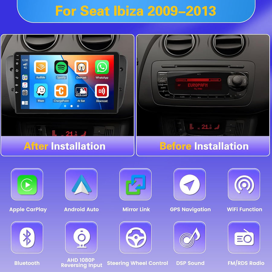 Autoradio Android 13 4Go+64Go pour Seat Ibiza 2009-2013 avec sans Fil Carpaly&Android Auto& MirrorLink, 9" IPS Ecran Tactile Radio Voiture avec Bluetooth 5.0/GPS/FM/WiFi/SWC/32EQ